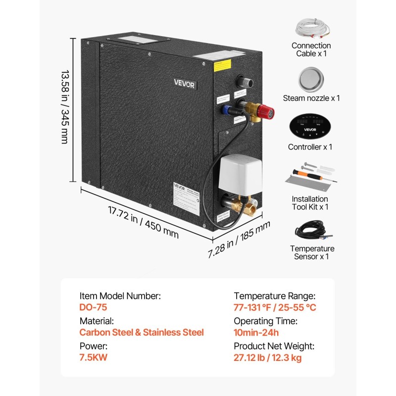 Höyrygeneraattori 7,5 kW musta ruostumaton teräs sisäsäiliö sopii 5–7,5 m³
