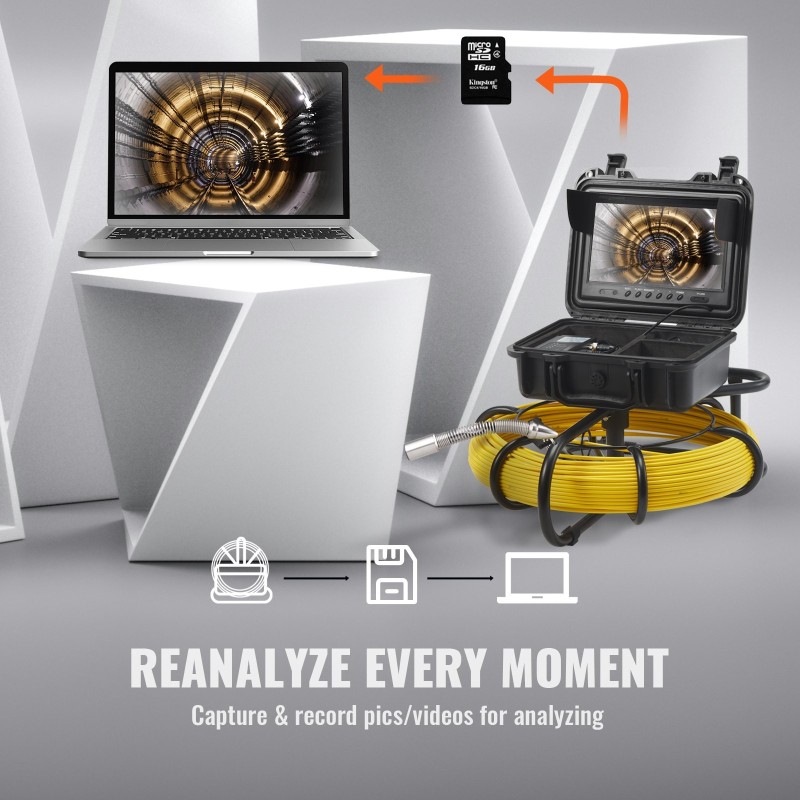 Viemärikamera 22,9 cm 720p näyttö 70 m kaapeli IP68 303 ruostumaton teräs