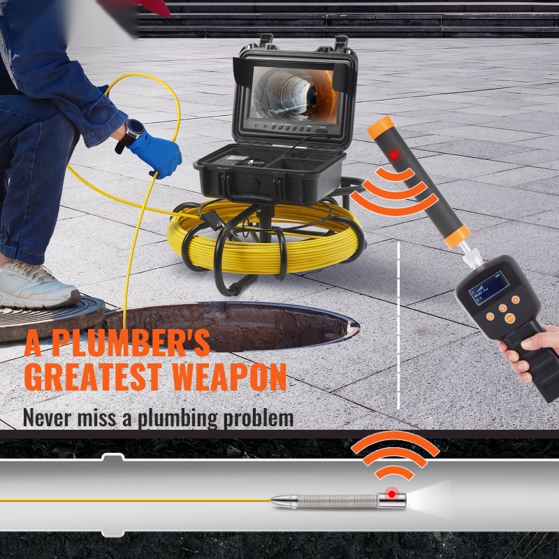 Viemäriputkikamera 50 m kaapelilla 9-tuumainen värinäyttö 720p 512Hz sondi IP68