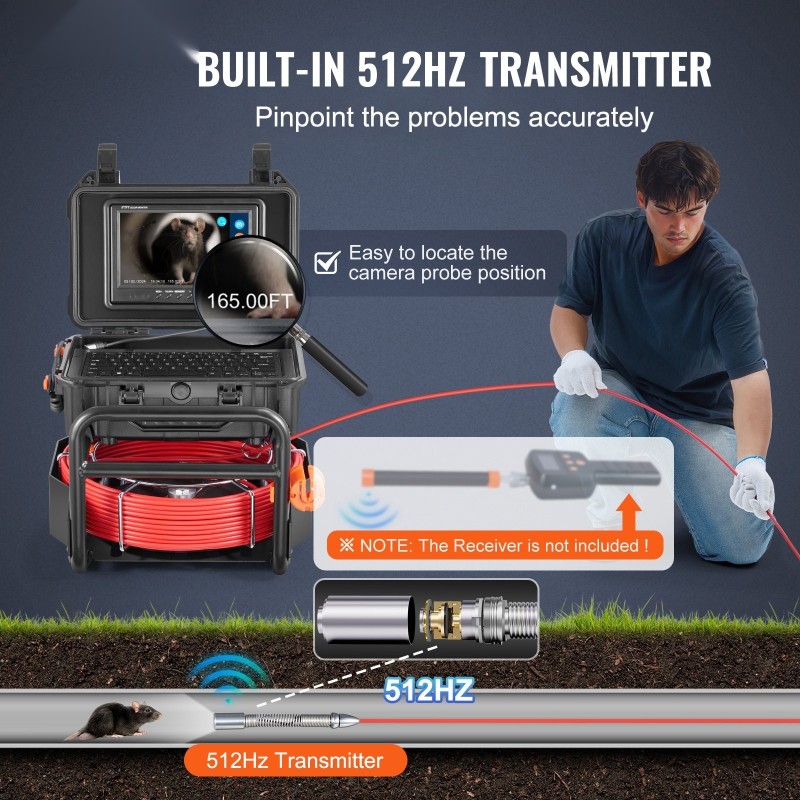 Viemärikamera 50-metrinen puolijäykkä kaapeli itseään tasaava 9-tuumainen 1080P näyttö 512Hz lähetin