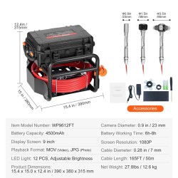 Viemärikamera 50-metrinen puolijäykkä kaapeli itseään tasaava 9-tuumainen 1080P näyttö 512Hz lähetin