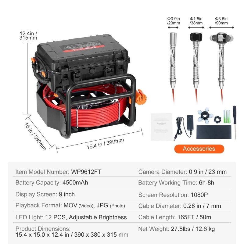 Viemärikamera 50-metrinen puolijäykkä kaapeli itseään tasaava 9-tuumainen 1080P näyttö 512Hz lähetin