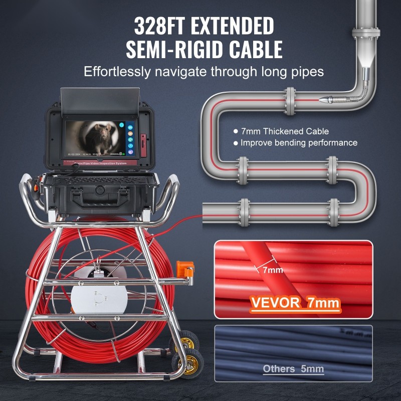 Viemärikamera itsetasoittuva 100 metrin kaapelilla 10,1 tuuman kosketusnäytöllä 512 hertsin lähetin etäisyyslaskurilla