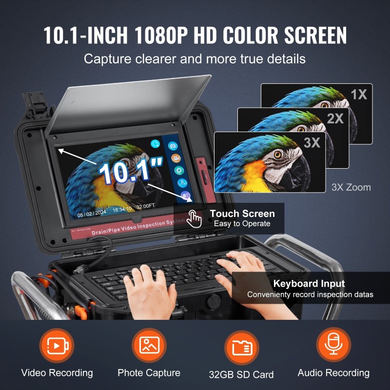 Viemärikamera itsetasoittuva 100 metrin kaapelilla 10,1 tuuman kosketusnäytöllä 512 hertsin lähetin etäisyyslaskurilla