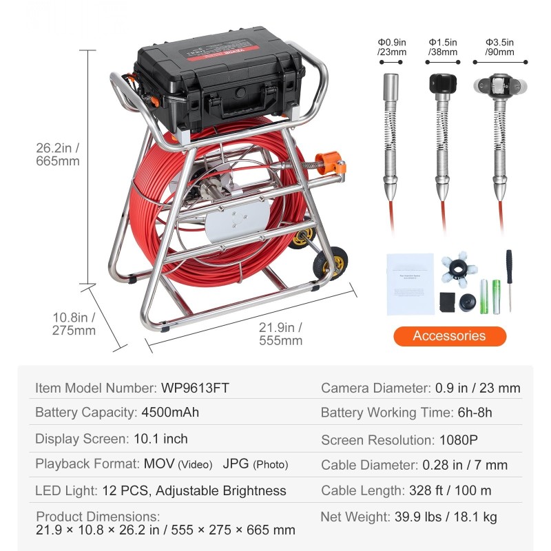 Viemärikamera itsetasoittuva 100 metrin kaapelilla 10,1 tuuman kosketusnäytöllä 512 hertsin lähetin etäisyyslaskurilla