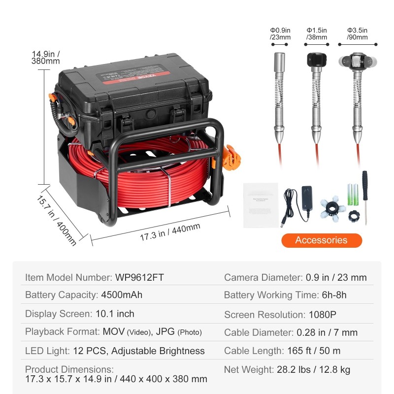 Viemärikamera 50 m kaapelilla itseään tasaava 10,1 tuuman kosketusnäytöllä IP67-suojattu 12 LED-valolla