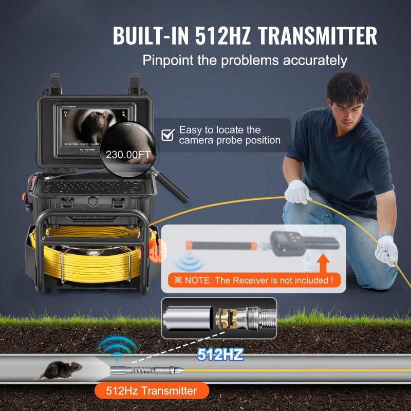 Viemärikamera 70 m kaapeli itseään tasaava 512 hertsin lähetin 9 tuuman näyttö