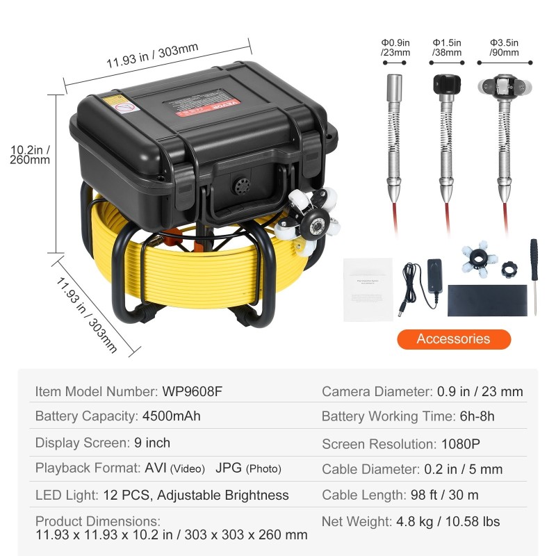 Viemärikamera 30 metrin 5 millimetrin kaapelilla itsetasaava 9-tuumainen 1080p näyttö
