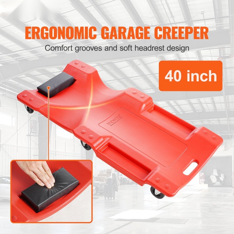 Mekaanikon alusta muovirunkoinen 1016 millimetriä 158,8 kilogrammaa 6 pyörää pehmustettu niskatuki