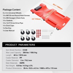 Mekaanikon alusta muovirunkoinen 1016 millimetriä 158,8 kilogrammaa 6 pyörää pehmustettu niskatuki