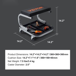 Mekaanikontuoli teräsrunko polyuretaanipehmustettu istuin 113 kg kantavuus työkalulokerolla pyörillä