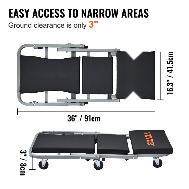 Taittuva mekaanikon makuualusta ja jakkara teräsrunko 6 kääntyvää pyörää 136 kilogramman kantavuus