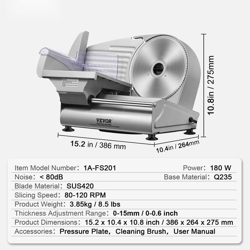 Sähköinen viipalointikone 180-wattinen 19,1 cm ruostumaton terä 0–15 mm säädettävä kotikäyttöön