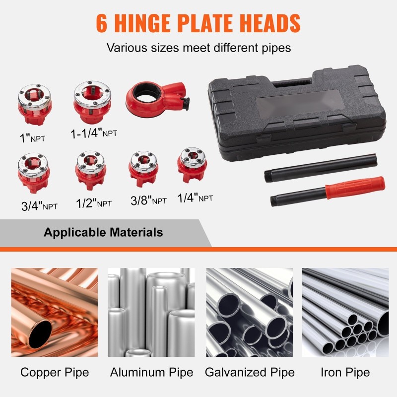 Käsikäyttöinen räikkäputkikierretyökalu 6 kierreterää 1/4–1-1/4 NPT-kierteille 9SICR-terillä säilytyslaatikolla
