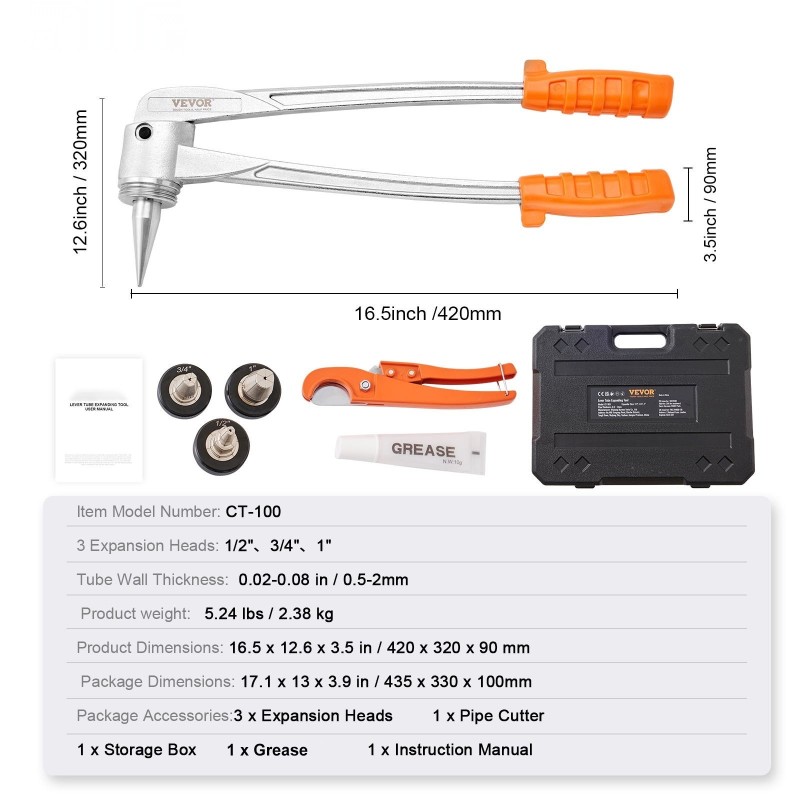 Käsikäyttöinen PEX-putkilaajennin karkaistusta teräksestä 3 laajennuspäätä 1/2 3/4 ja 1 tuumaa