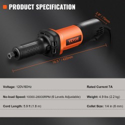 Suora jyrsintä 6,4 mm istukalla 820 W 7000–30000 kierrosnopeus 6-portainen säätö