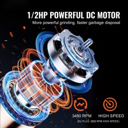 Ruokajätehävittäjä 0,5 hevosvoimaa tasavirtamoottorilla 3820 kierrosta minuutissa jatkuvatoiminen 3-pulttinen kiinnitys