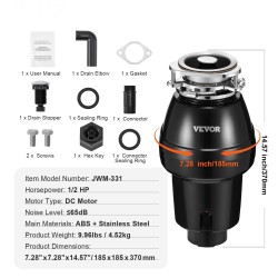 Ruokajätehävittäjä 0,5 hevosvoimaa tasavirtamoottorilla 3820 kierrosta minuutissa jatkuvatoiminen 3-pulttinen kiinnitys