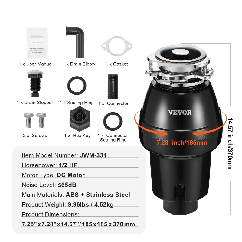 Ruokajätehävittäjä 0,5 hevosvoimaa tasavirtamoottorilla 3820 kierrosta minuutissa jatkuvatoiminen 3-pulttinen kiinnitys