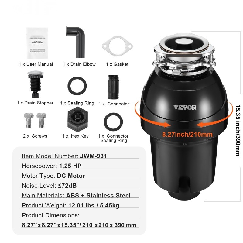 Ruokajätemurskain 1,25 hv tasavirtamoottori 4060 kierrosta minuutissa jatkuvasyötteinen ABS-kotelo ruostumaton teräs