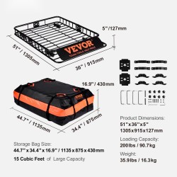 Kattotavarankori teräs 1305×915×127 mm 90,7 kg vedenpitävällä 15 kuutiojalkaa laukulla