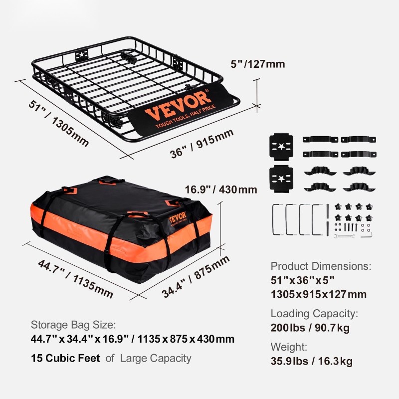 Kattotavarankori teräs 1305×915×127 mm 90,7 kg vedenpitävällä 15 kuutiojalkaa laukulla