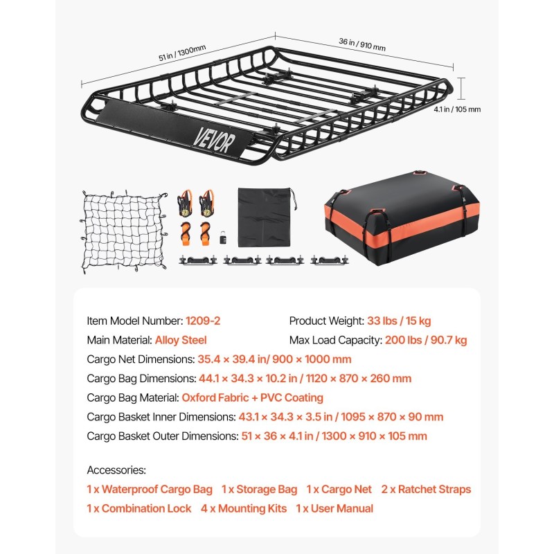 Seosteräksinen kattokori 1300×910×105mm tavaralaukulla kuormaverkolla 90,7 kg kantavuus