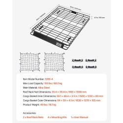 Kattotelinekori seosteräksinen 163x127x10,5 cm 68 kg kantavuus kaksi verkkoa yhteensopiva kattokaiteisiin