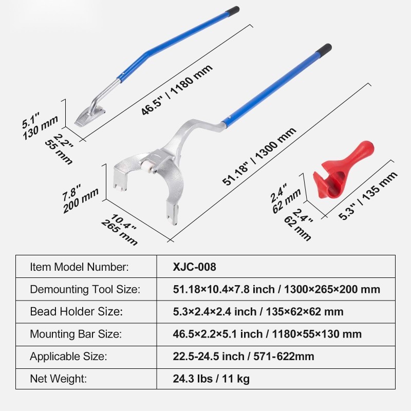 Renkaan asennus- ja irrotustyökalu teräs 571–622 millimetriä 3-osainen sarja ilman sisäkumia
