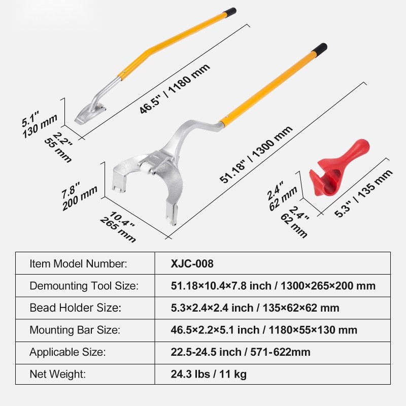 Manuaalinen 3-osainen rengastyökalupakkaus taotusta teräksestä 22,5–24,5 tuuman renkaisiin kuorma- ja linja-autoille
