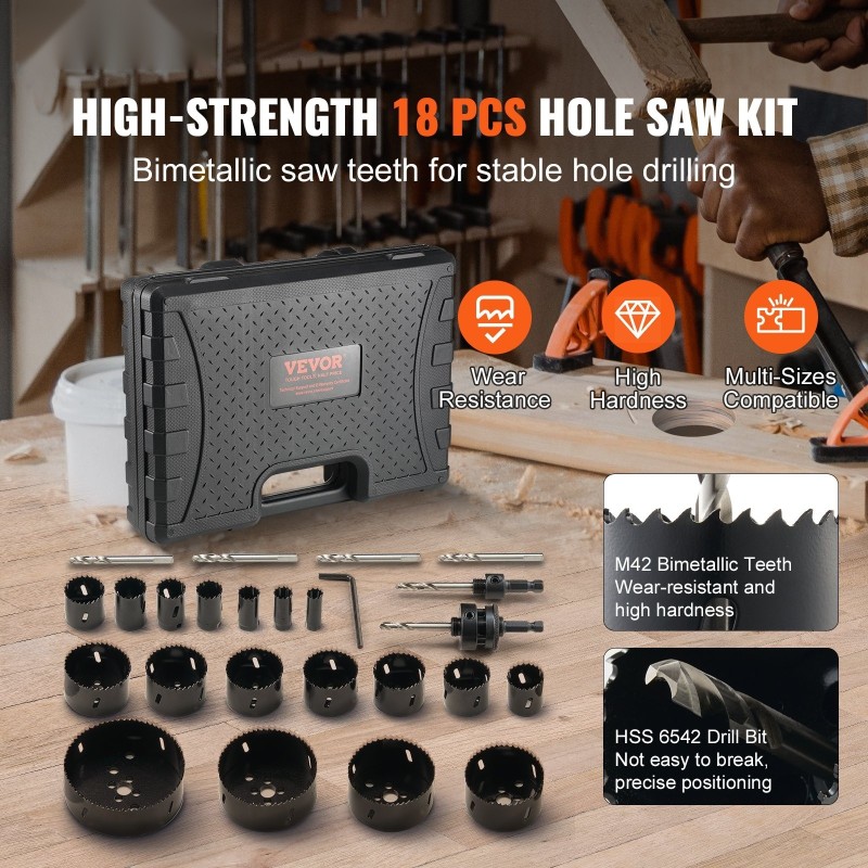 Reikäsahasarja bimetalli M42 18 reikäsahaa 6 poranterää kuusiokoloavain säilytyslaukku koot 1,9–11,4 cm