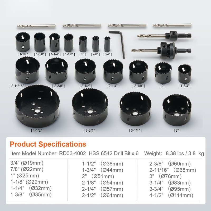 Reikäsahasarja bimetalli M42 18 reikäsahaa 6 poranterää kuusiokoloavain säilytyslaukku koot 1,9–11,4 cm