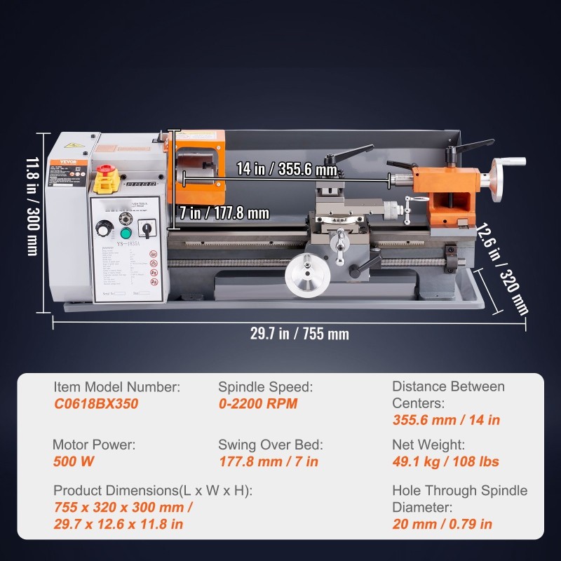 Penkkisorvi 7 x 13.78 tuumaa HT200-valurautarunko 500W 0–2200 RPM 20 mm