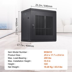 Verkkopalvelinkaappi 12U seinälle asennettava syvyys 39,4 senttimetriä musta lukittavat etu ja sivupaneelit