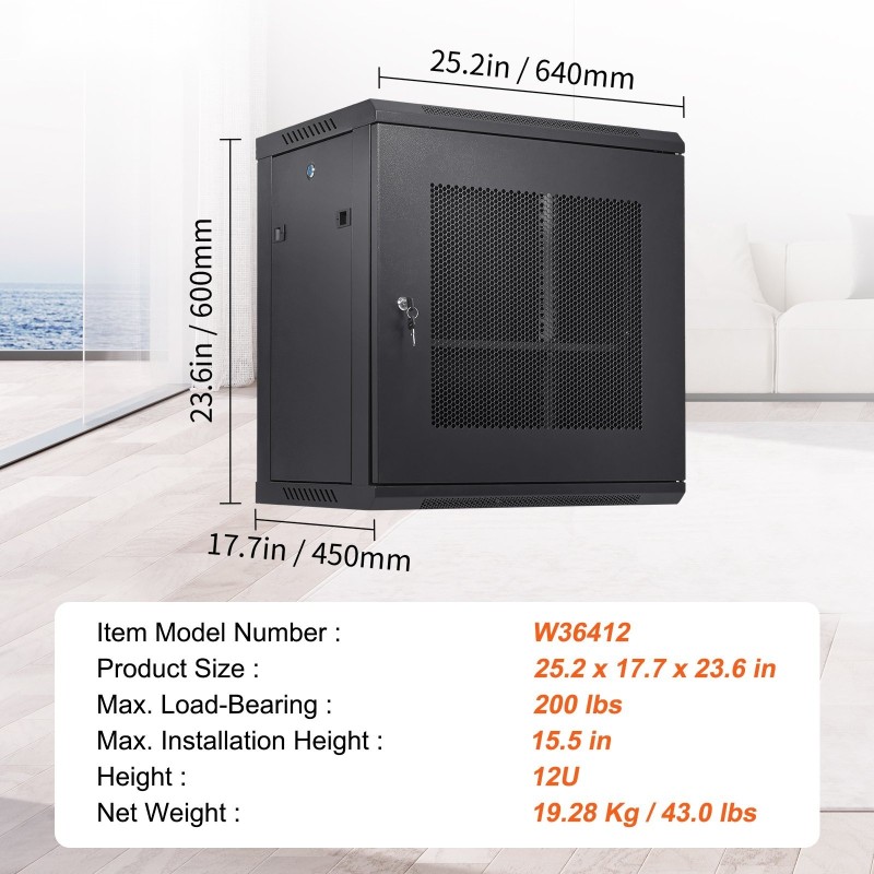 Verkkopalvelinkaappi 12U seinälle asennettava syvyys 39,4 senttimetriä musta lukittavat etu ja sivupaneelit