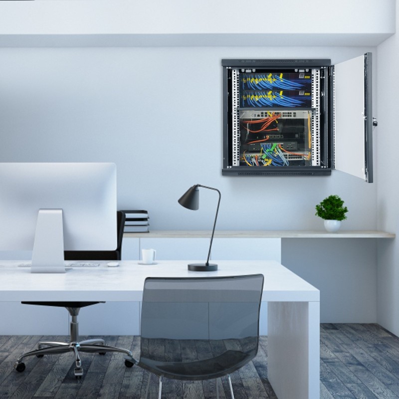 Seinäasennettava 9U verkkopalvelinkaappi 19-tuumainen 500x450x600 mm musta lukittava lasiovi