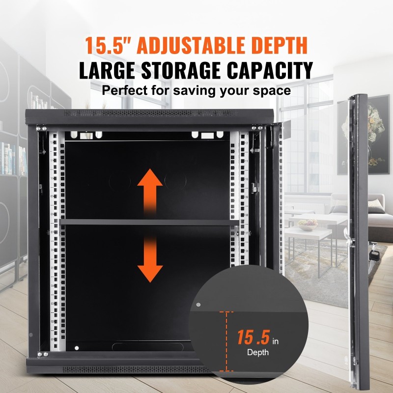 Seinäkiinnitteinen 12U verkkopalvelinkaappi 39,4 cm syvä 19 tuuman asennusleveys lukollinen lasiovi