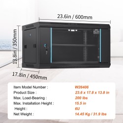6U seinäkiinnitteinen verkkopalvelinkaappi 39,4 cm syvä 19-tuumainen lukittava lasiovi musta