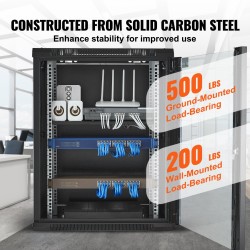 Verkkokaappi 15U hiiliteräs asennussyvyys 457 mm karkaistu lasiovi kaksoislukitus lattia tai seinäasennus