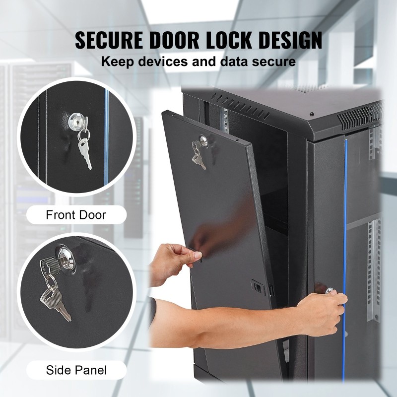 Verkkokaappi 15U hiiliteräs asennussyvyys 457 mm karkaistu lasiovi kaksoislukitus lattia tai seinäasennus