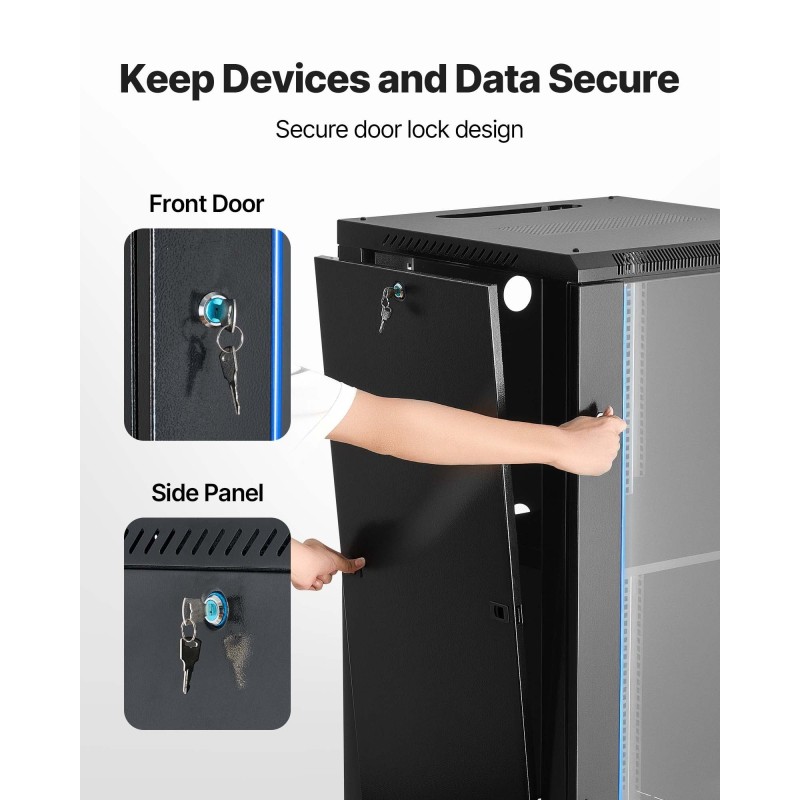 Verkkokaappi 22U hiiliteräs 600 mm syvä 136 kg kantavuus lukittava karkaistu lasiovi