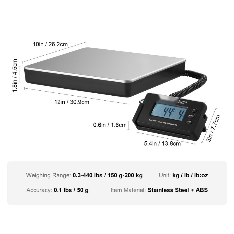 Digitaalinen pakettivaaka ruostumatonta terästä 200 kg 50 g taustavalaistu näyttö