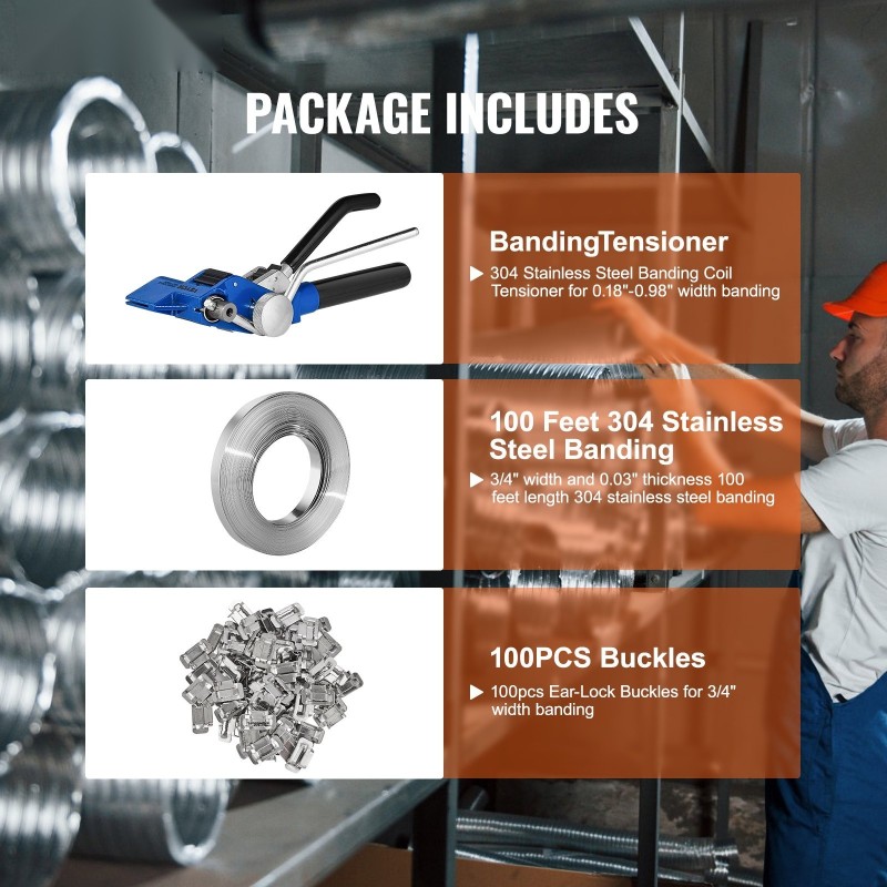 Terässidontasarja ruostumaton teräsnauha 30 metriä 19 millimetriä 100 solkea kiristystyökalulla