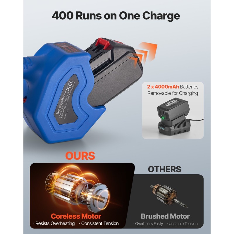 Akkukäyttöinen sähkökiristyssidekone 10–19 mm leveille PET-vanteille kaksi 4000 mAh akkua digitaalinen näyttö