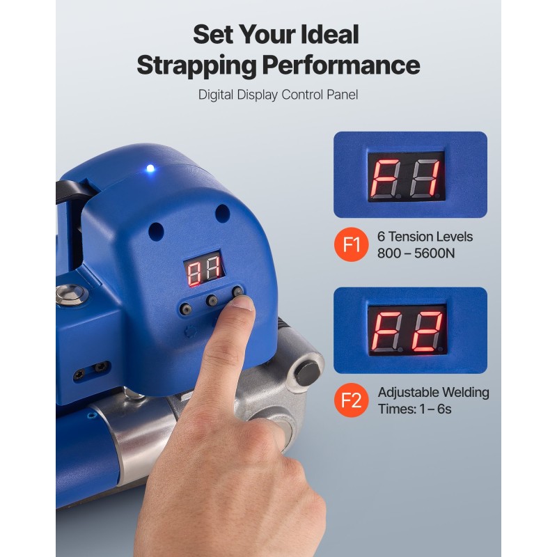 Akkukäyttöinen sähkökiristyssidekone 10–19 mm leveille PET-vanteille kaksi 4000 mAh akkua digitaalinen näyttö