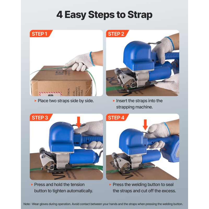 Akkukäyttöinen sähkökiristyssidekone 10–19 mm leveille PET-vanteille kaksi 4000 mAh akkua digitaalinen näyttö