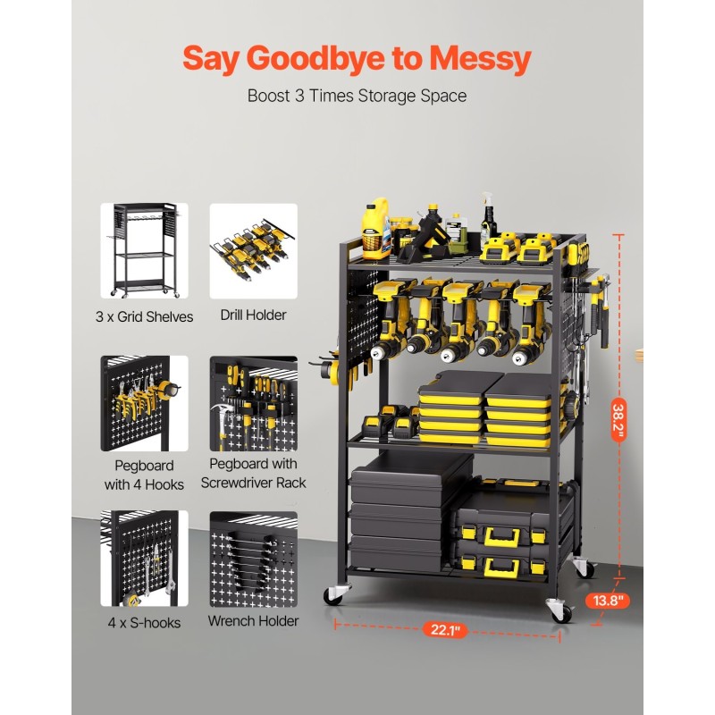 4-tasoinen metallinen työkalukärry 68 kg kantavuus pyörillä porateline reikälevy musta
