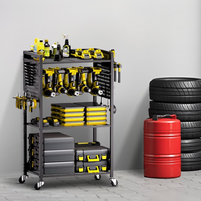 4-tasoinen metallinen työkalukärry 68 kg kantavuus pyörillä porateline reikälevy musta