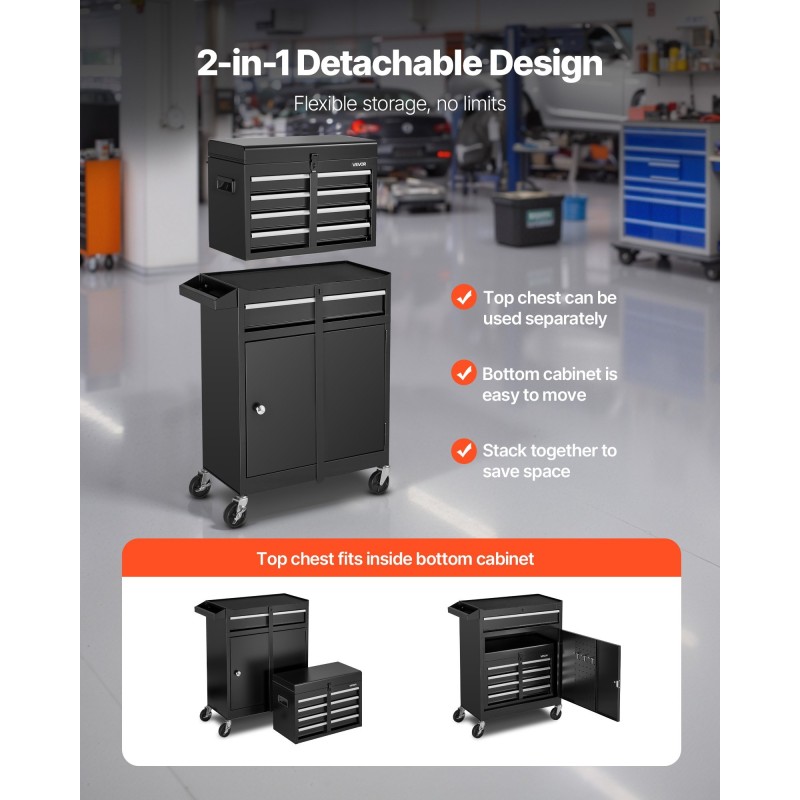 Rullattava teräksinen työkalukaappi irrotettavalla yläosalla viisi laatikkoa pyörillä