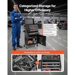 Rullattava teräksinen työkalukaappi irrotettavalla yläosalla viisi laatikkoa pyörillä